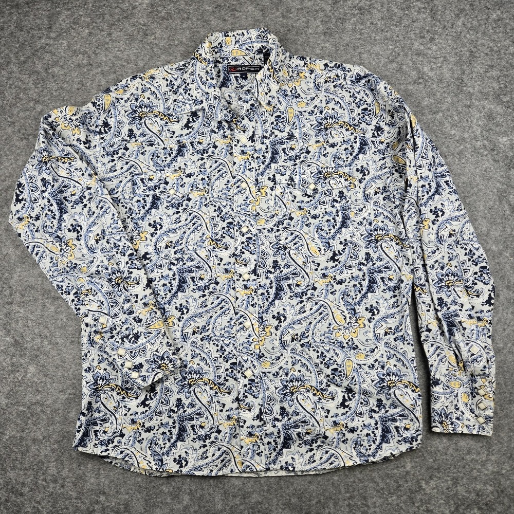 Roper Shirt Mens Medium Blue Paisley Long Sleeve Pearl Snap Cowboy Strech Unique